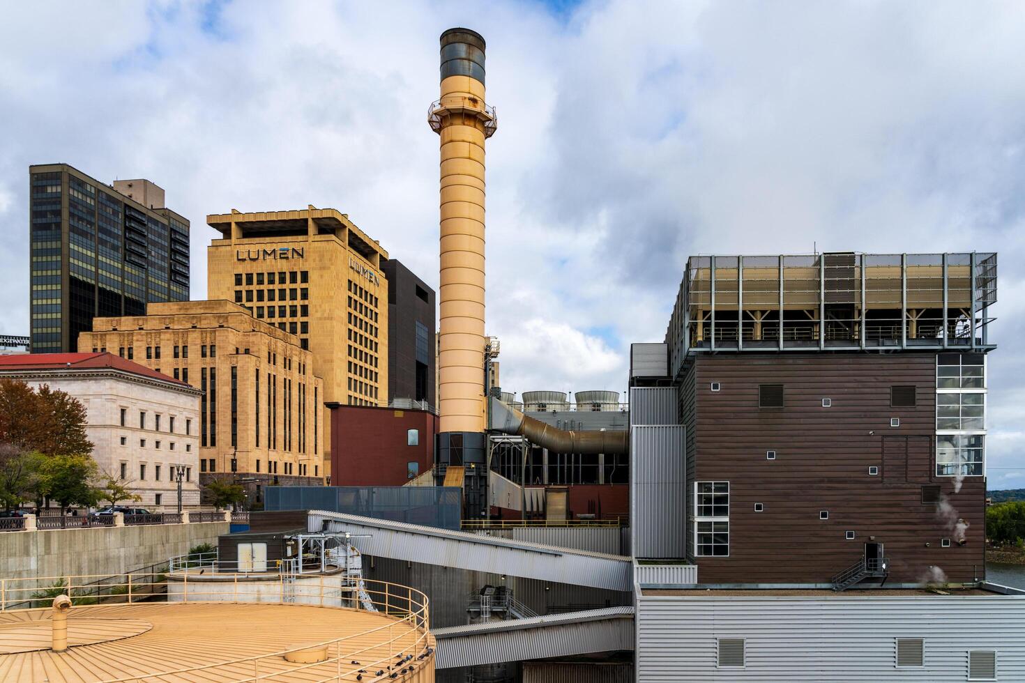 St Paul, MN - 14 October 2023. St Paul Cogeneration heating and cooling biomass plant by Mississippi river in Minnesota photo