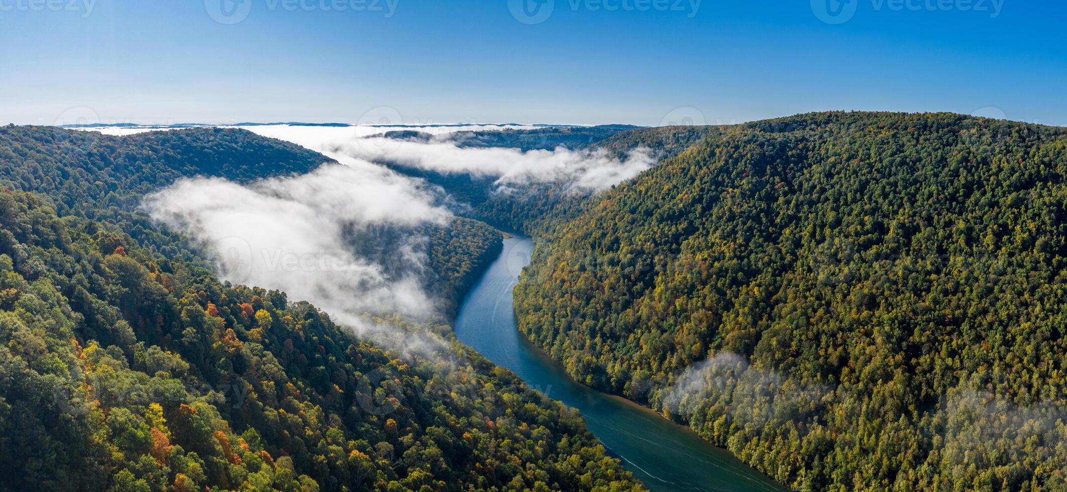 Panorama of gorge of the Cheat River upstream of Coopers Rock State Park in West Virginia with fall colors photo
