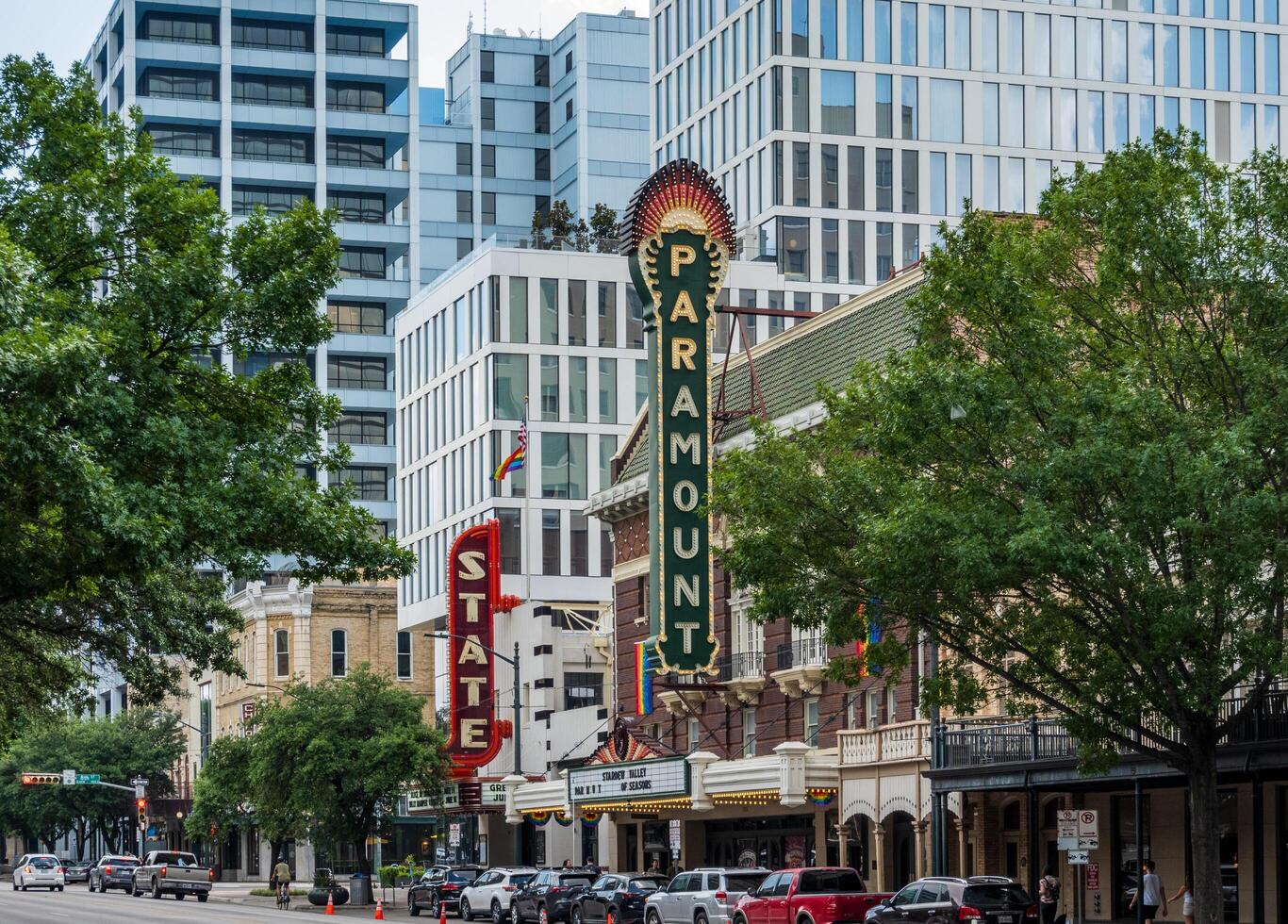 Austin, Texas - 15 June 2024. Signs for Paramount and State Theater and Cinema on Congress Avenue in Austin TX photo
