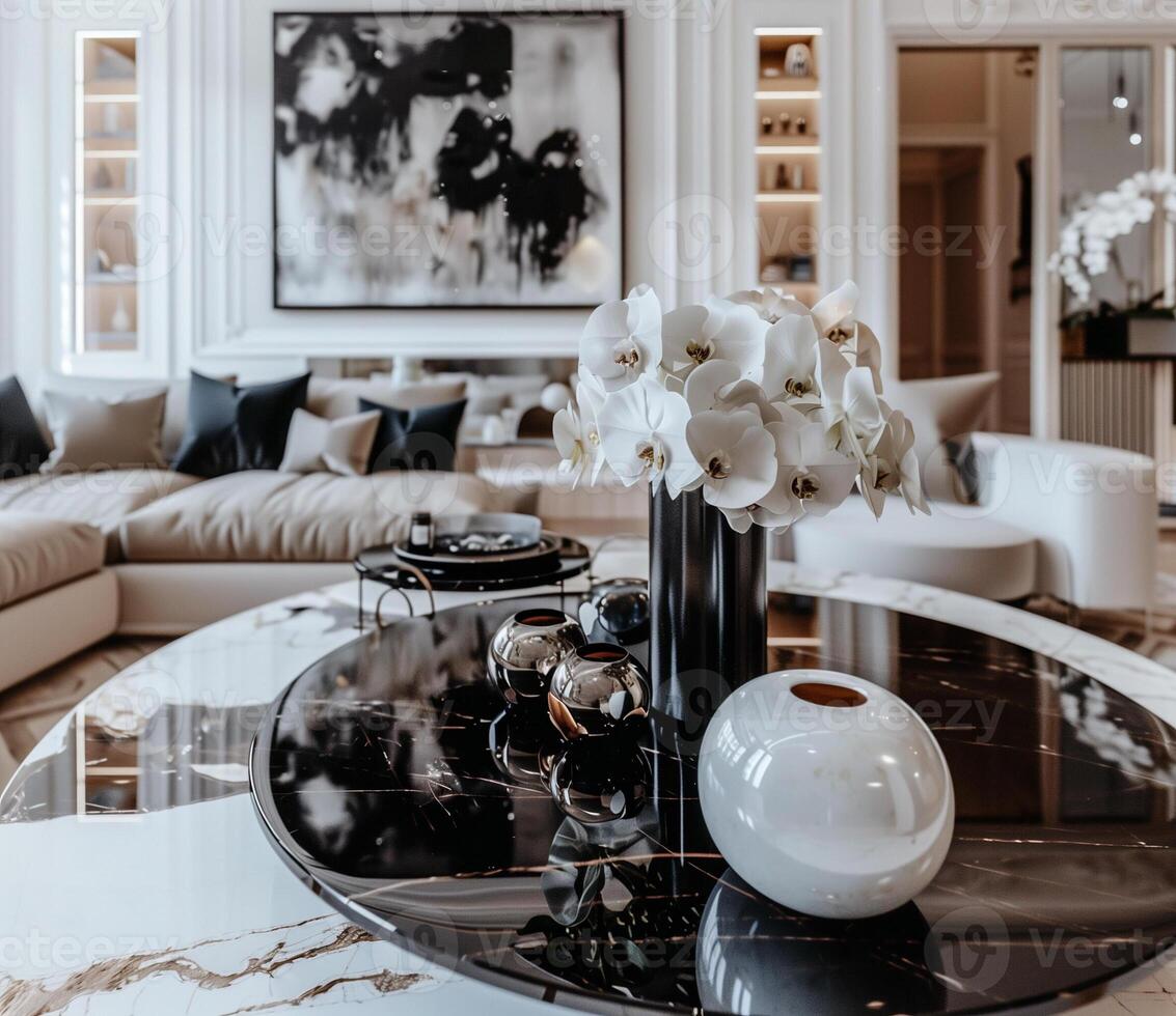 Elegant modern living room with stylish decor and floral arrangement photo