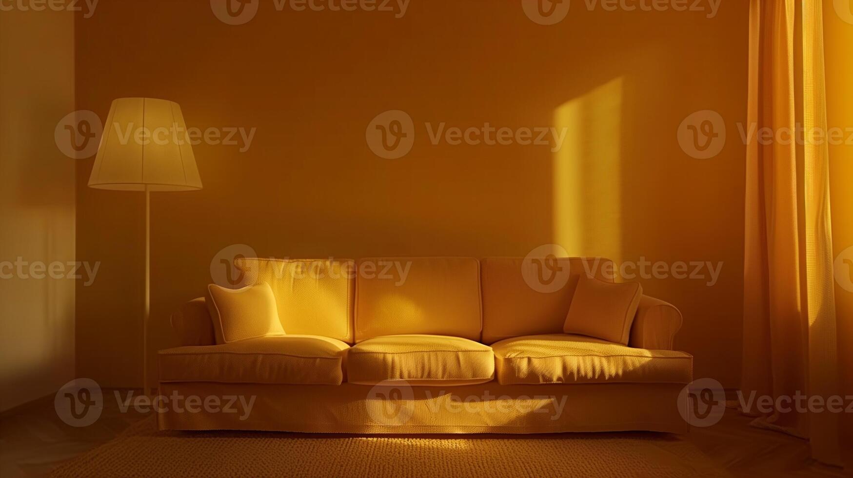 Cozy modern living room with yellow sofa and soft lighting photo