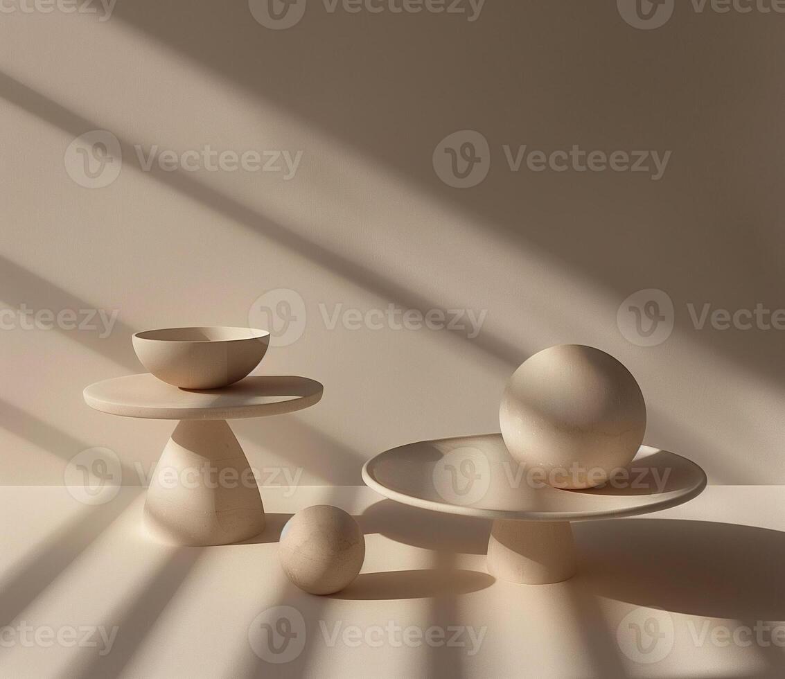 Contemporary minimalist display of ceramic objects in natural light photo