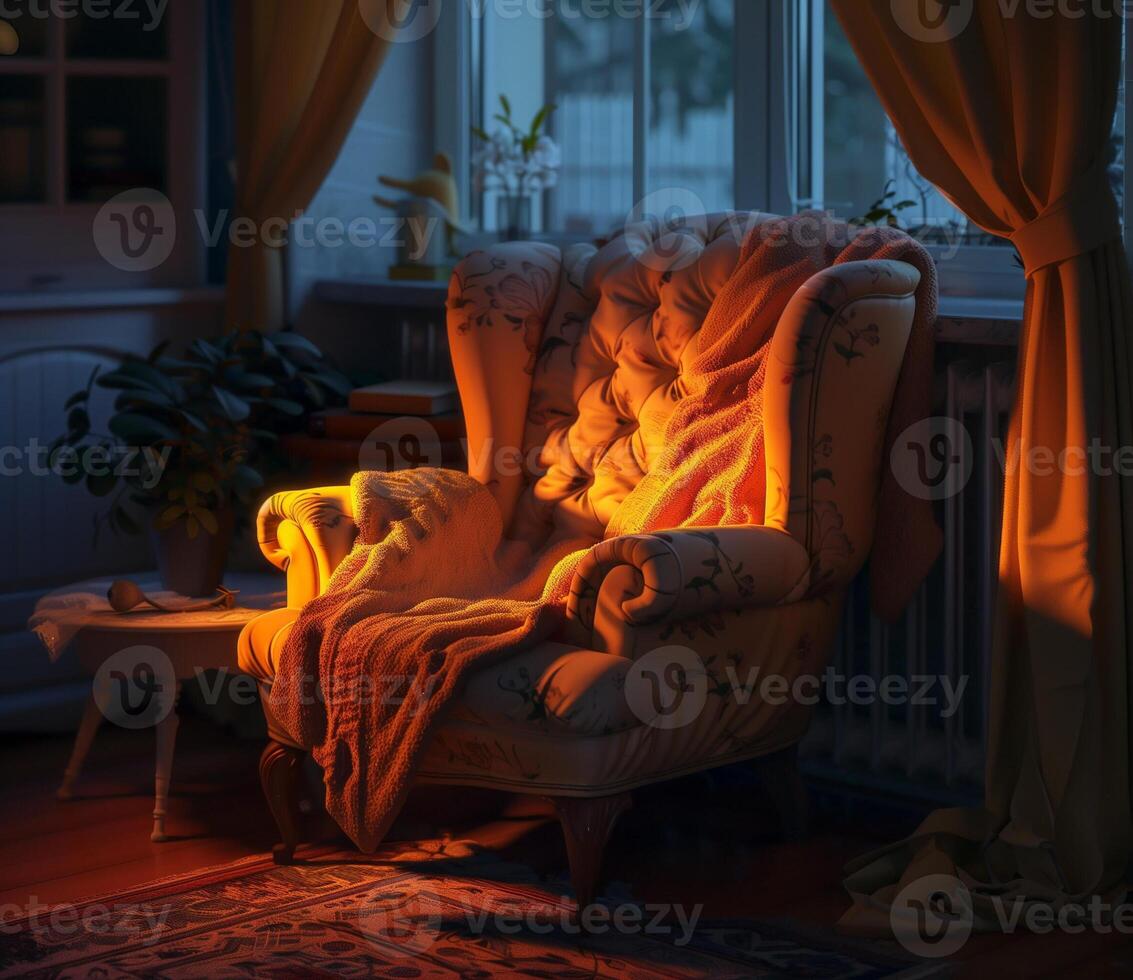 Cozy evening in a modern living room with warm lighting and a plush armchair photo