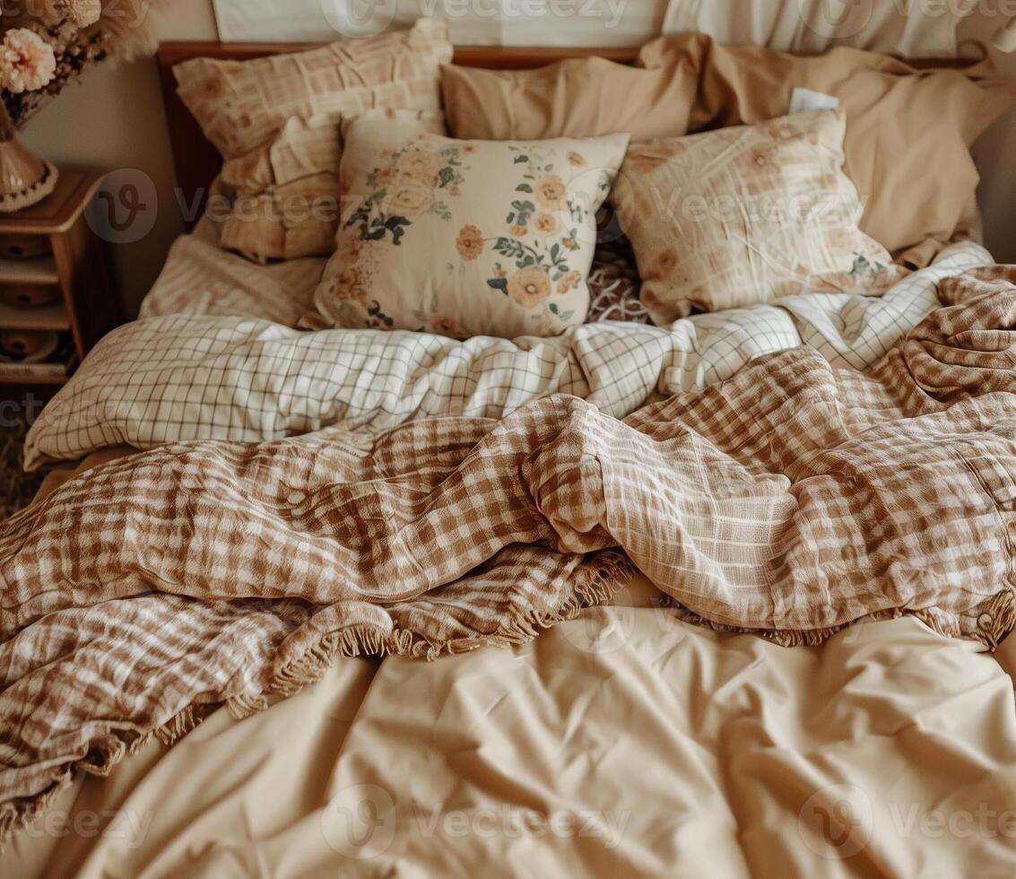 Modern cozy bedroom with plush bedding and decorative pillows photo