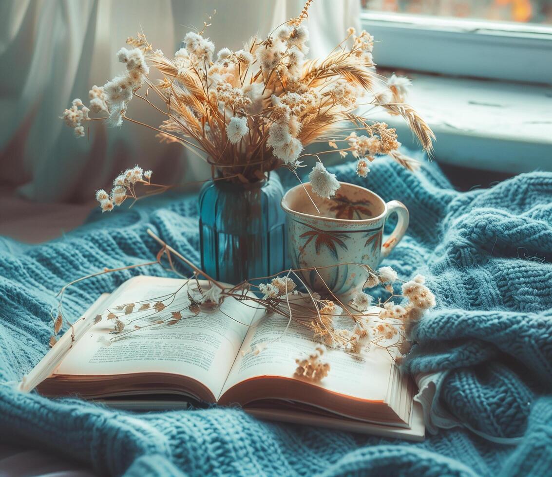 Cozy reading nook with open book, cup of tea, and fresh flowers by the window photo