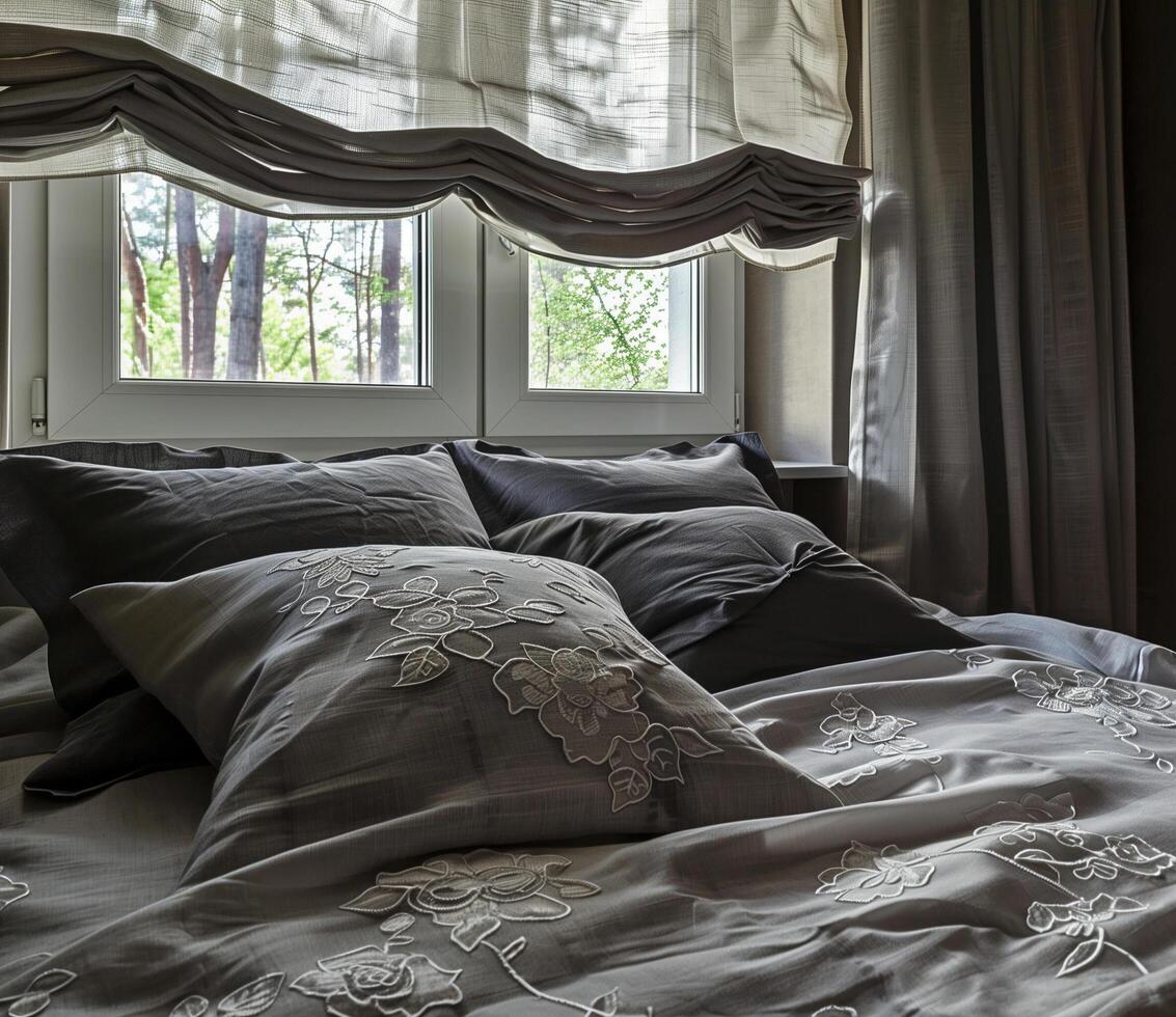 Modern bedroom interior with elegant linens and natural light photo
