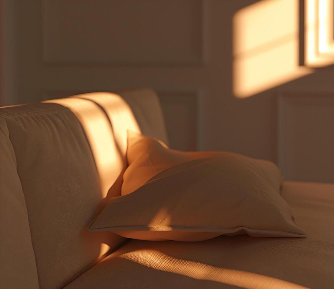Warm light casting shadows on modern sofa in cozy living room photo