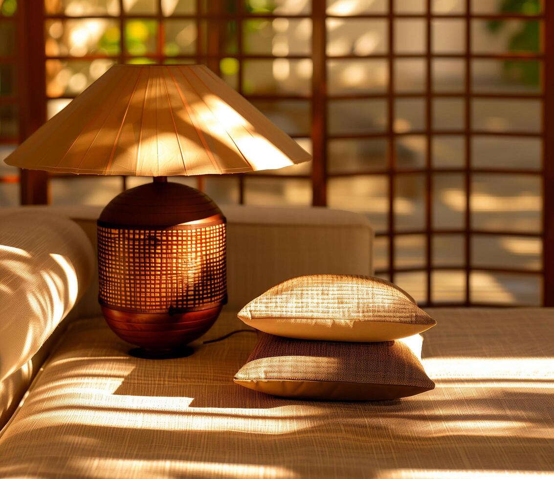 Modern interior with soft lighting, textured cushions, and natural elements photo