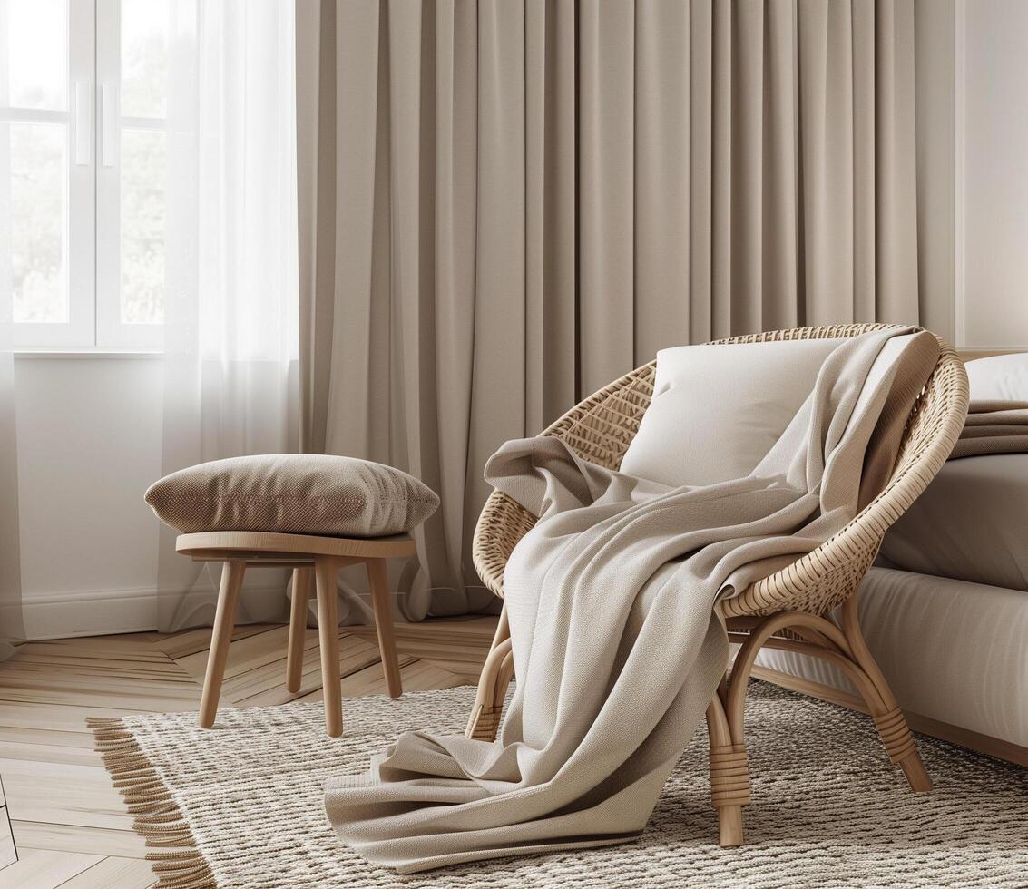 Cozy modern interior with rattan chair and soft textiles in bright sunlit room photo
