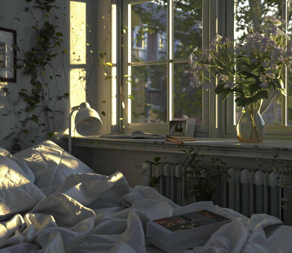 Cozy bedroom with sunlight streaming through windows and plants on the windowsill photo