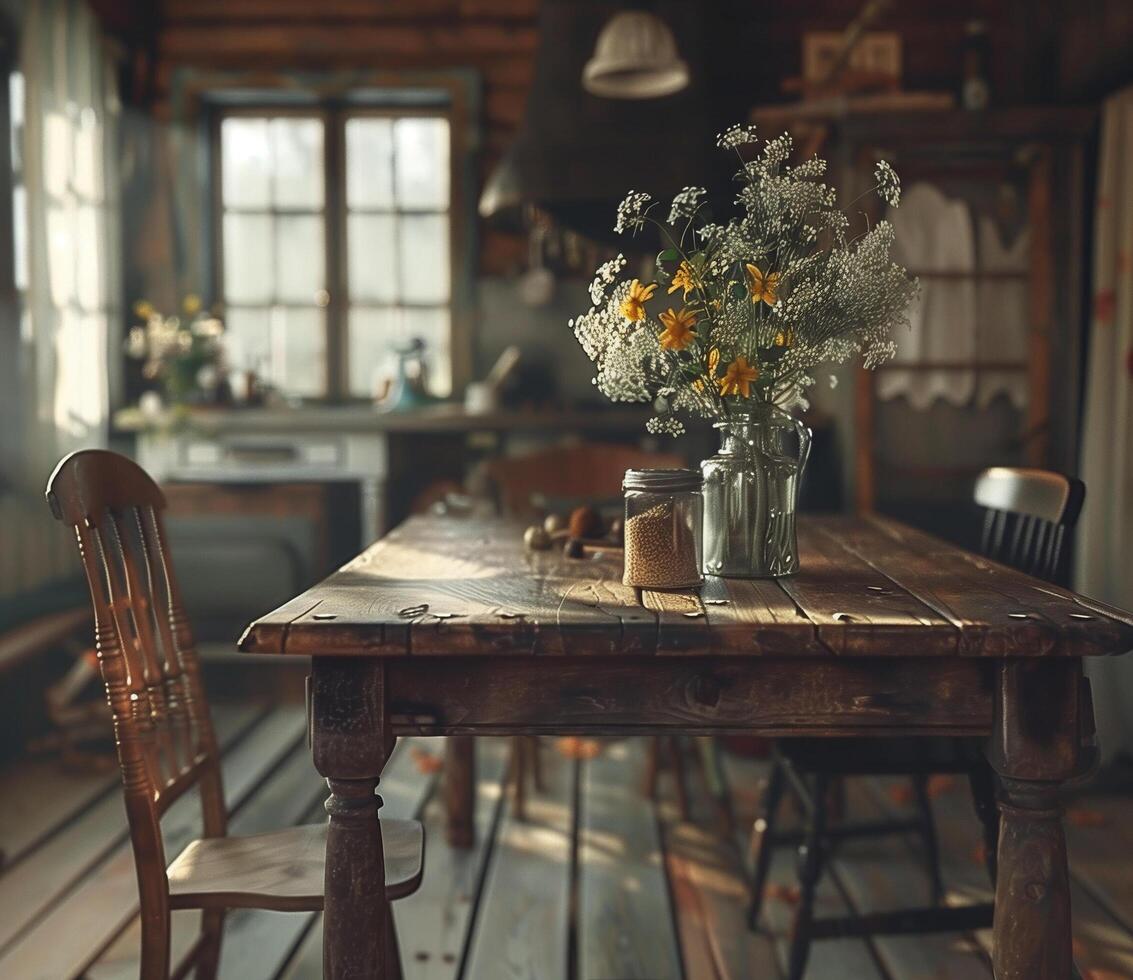 Cozy modern kitchen with rustic table and fresh flowers in a sunlit space photo