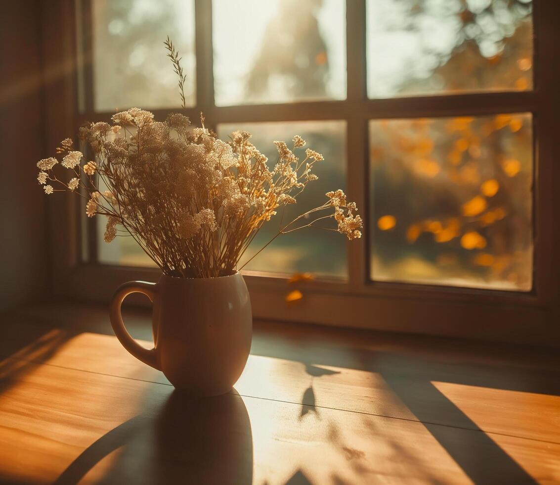 Cozy modern interior with sunlit window and vintage flower arrangement in morning light photo