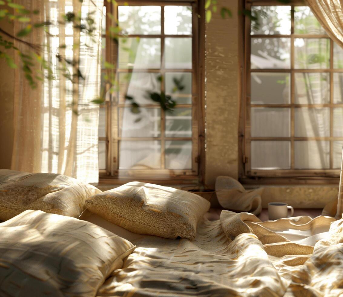 Cozy modern bedroom bathed in morning light with sunlit windows and soft linens photo