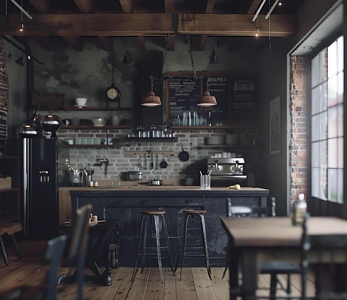 Cozy modern kitchen with industrial elements in a bright loft space photo