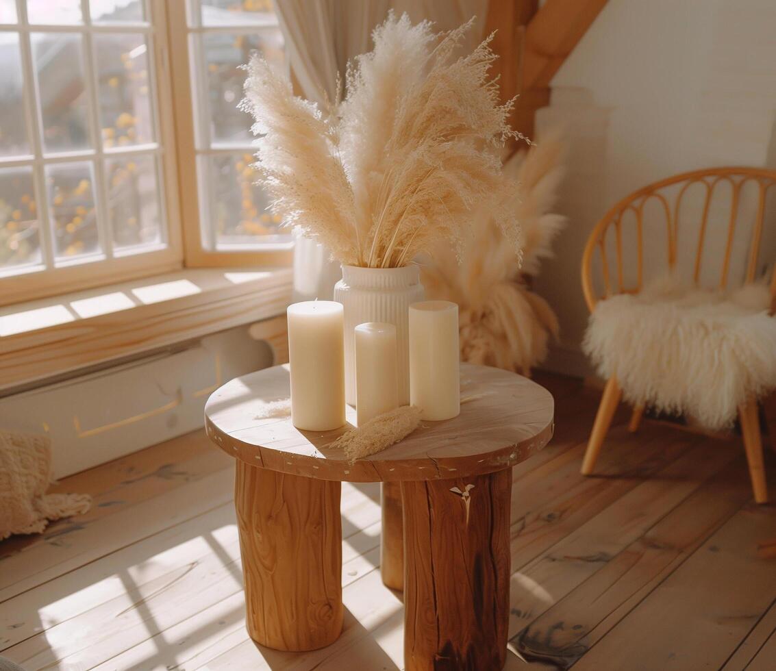 Cozy modern living space with pampas grass and candles in natural light photo