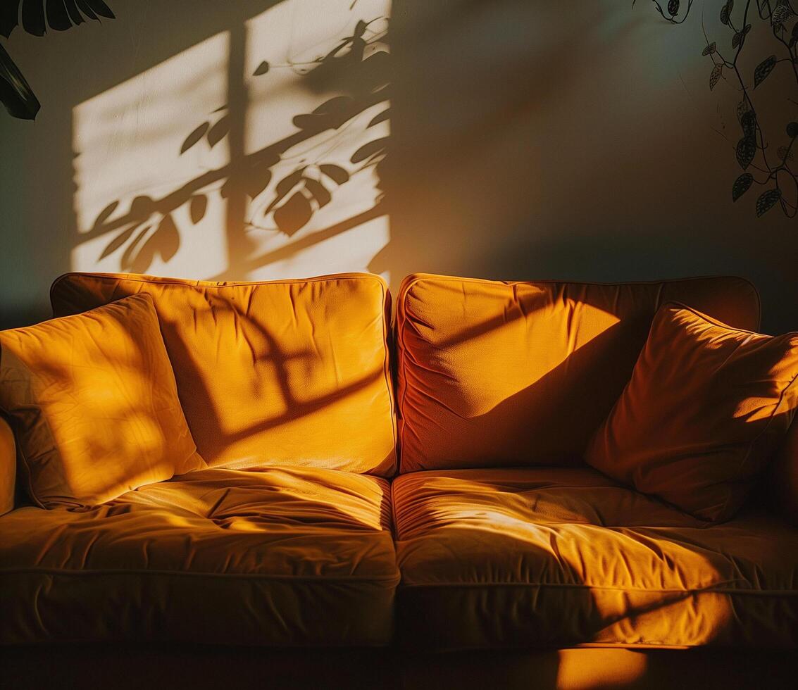 Cozy modern living room with sunlit yellow couch and shadow play photo