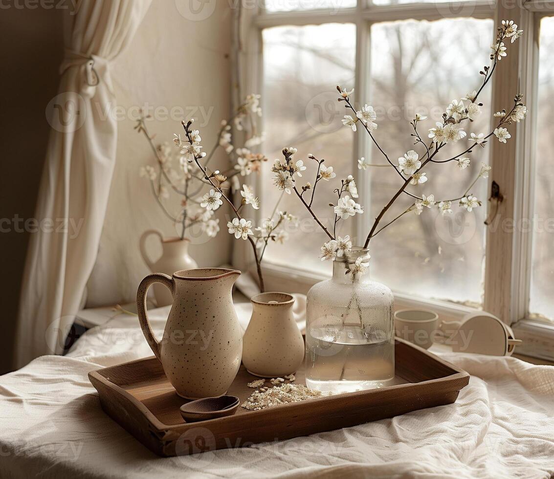 Modern interior decor featuring spring blossoms on a wooden tray near a bright window photo