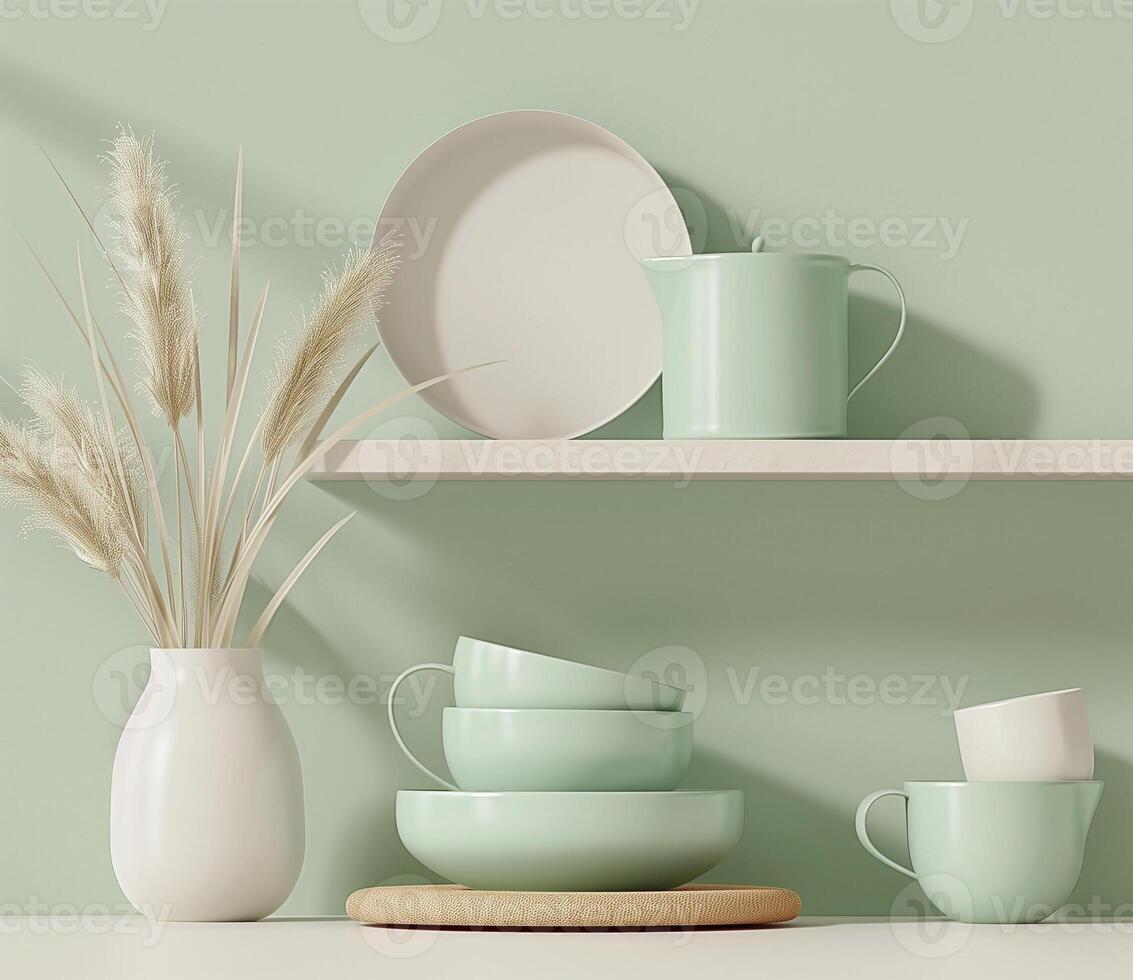 Modern interior with mint green tableware and minimalist decor photo
