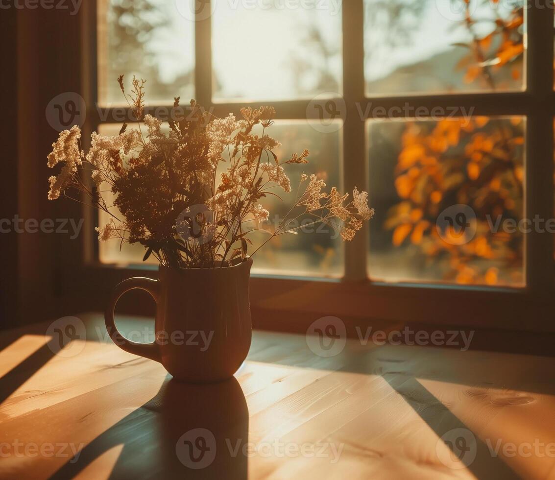 Bright morning light illuminates flowers in a modern interior setting photo