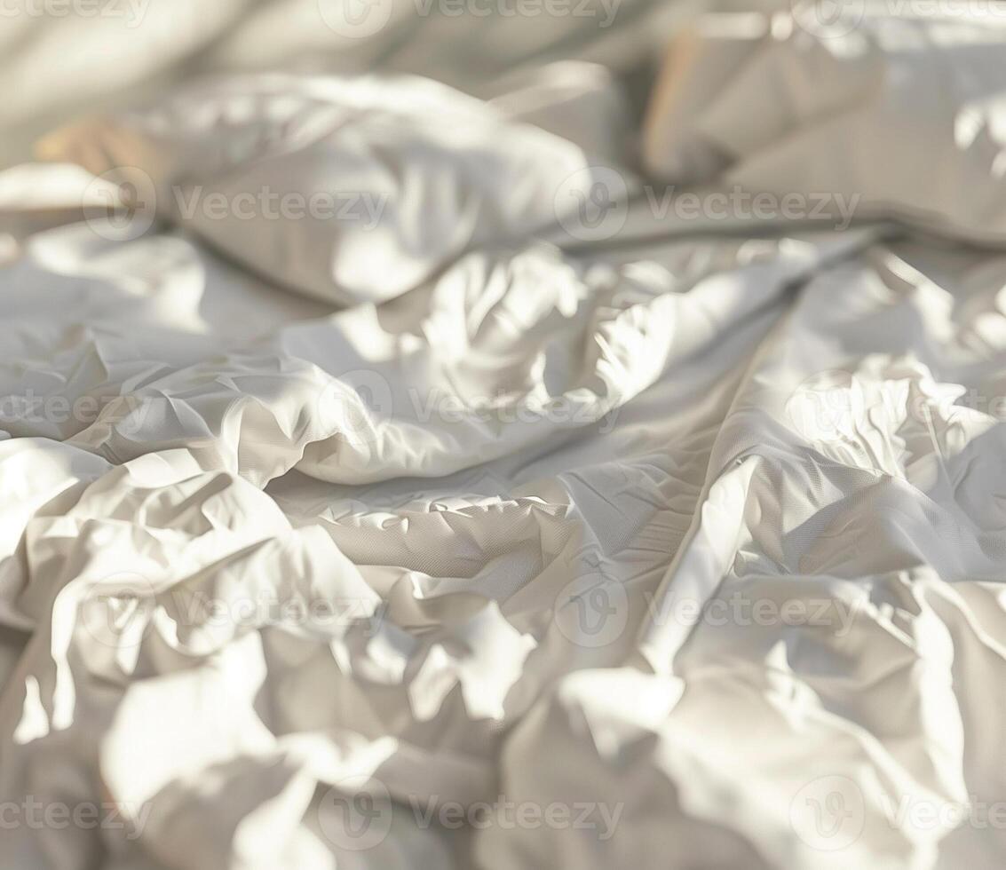 Cozy modern bedroom with crumpled white bedding in afternoon light photo
