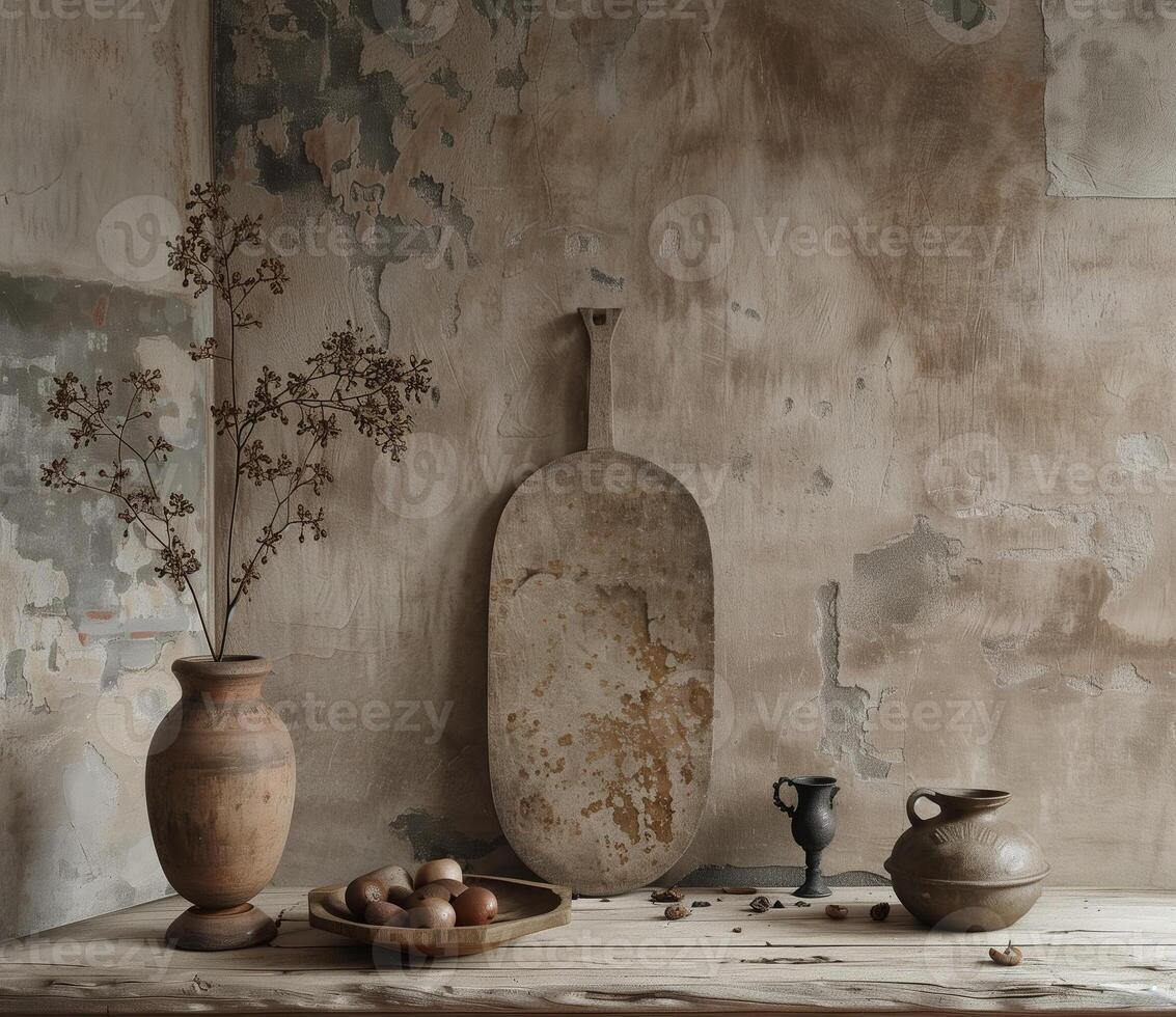 Modern interior design with rustic decor and natural elements photo