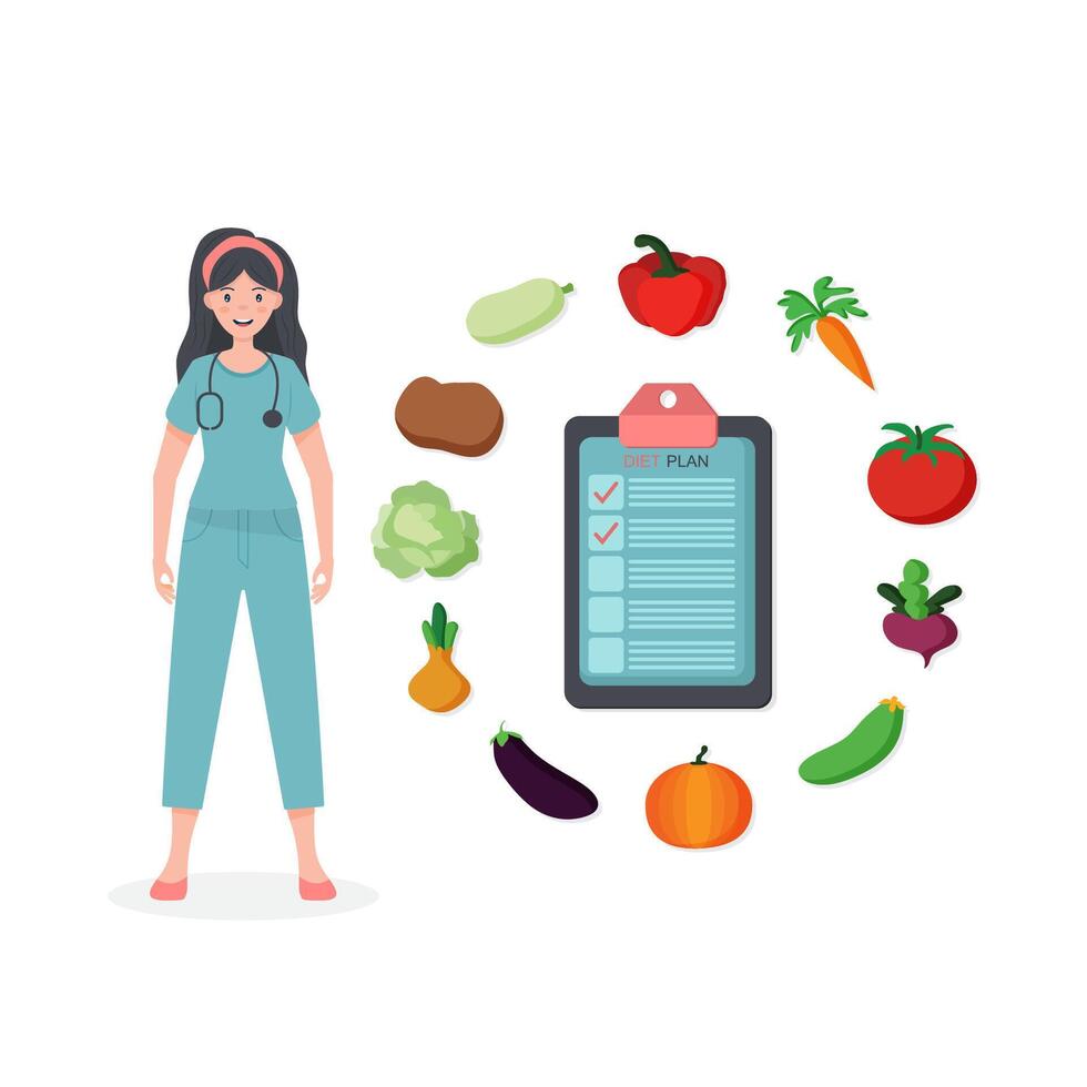Female nutritionist prescribing nutrition schedule isolated cartoon character on white background. vector