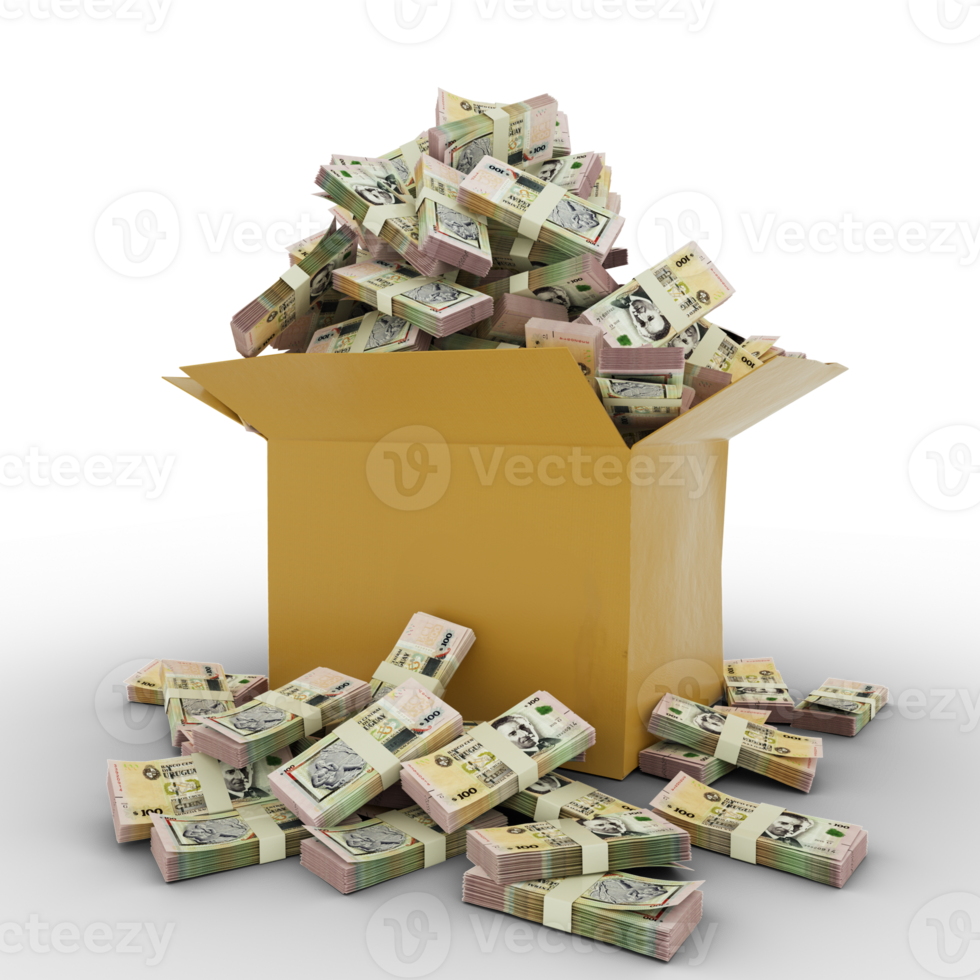 3d rendering of cardboard box full of 100 Uruguayan Peso Uruguayo notes isolated on a transparent background png