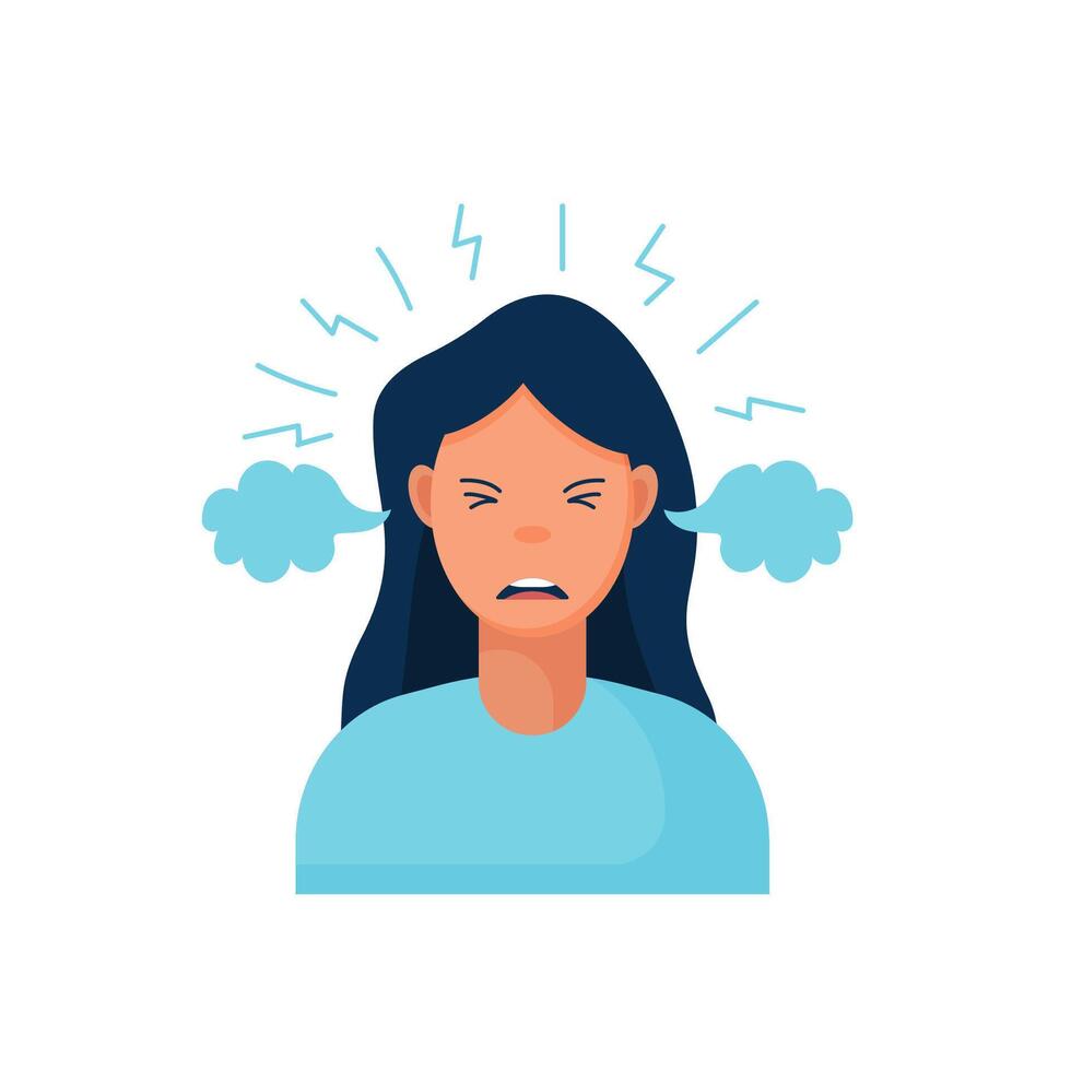 Work burnout. Tired female worker sitting at the table. Long working day in the office. Mental health problem. . vector