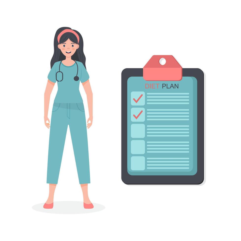 Female nutritionist prescribing nutrition schedule isolated cartoon character on white background. vector