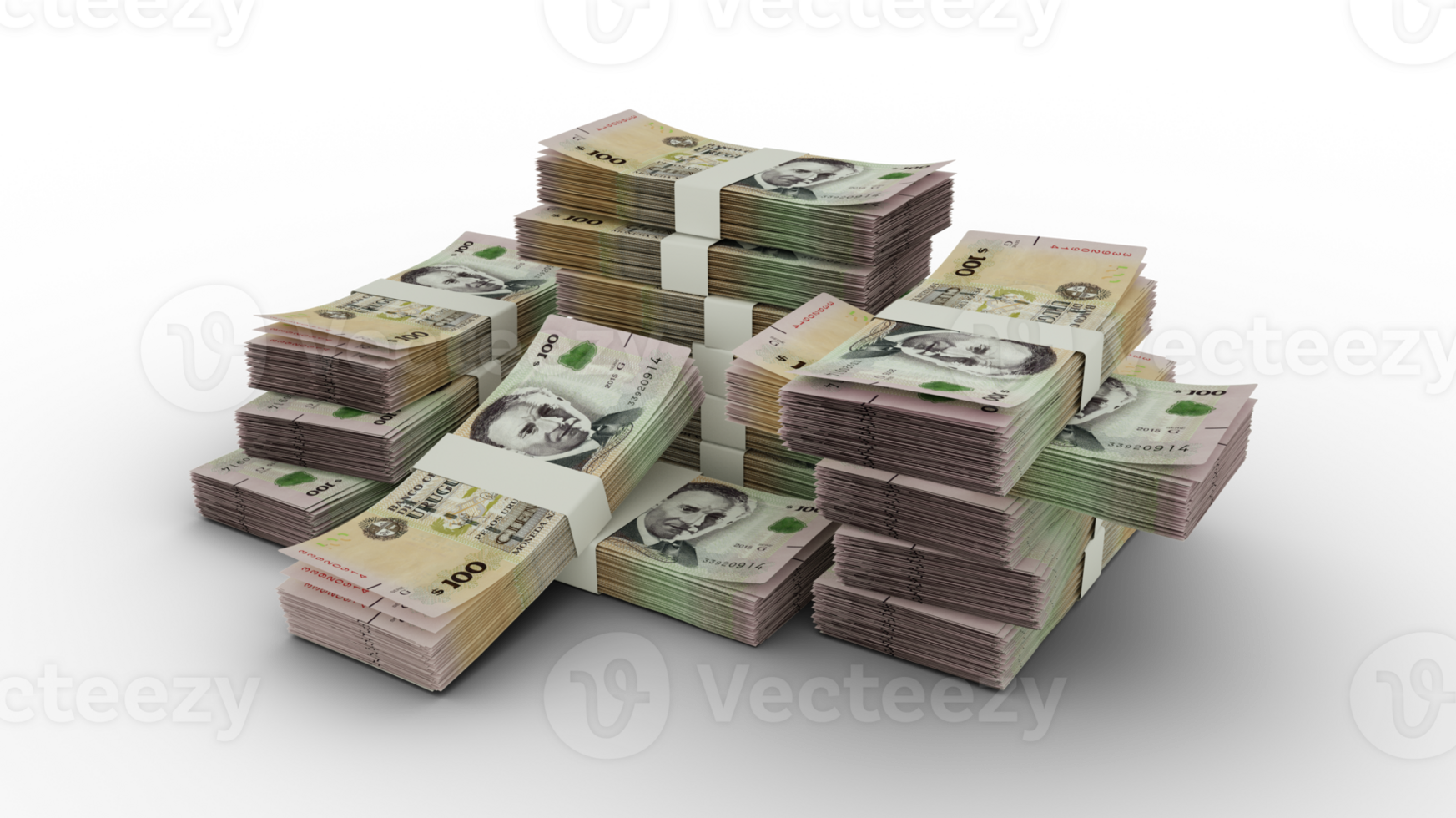 Stack of Uruguayan Peso Uruguayo notes. 3D rendering of bundles of banknotes isolated on a transparent background png