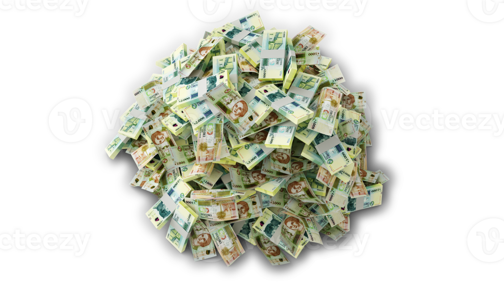 Big pile of Uruguayan peso notes. A lot of money isolated on transparent background. 3d rendering of bundles of cash png