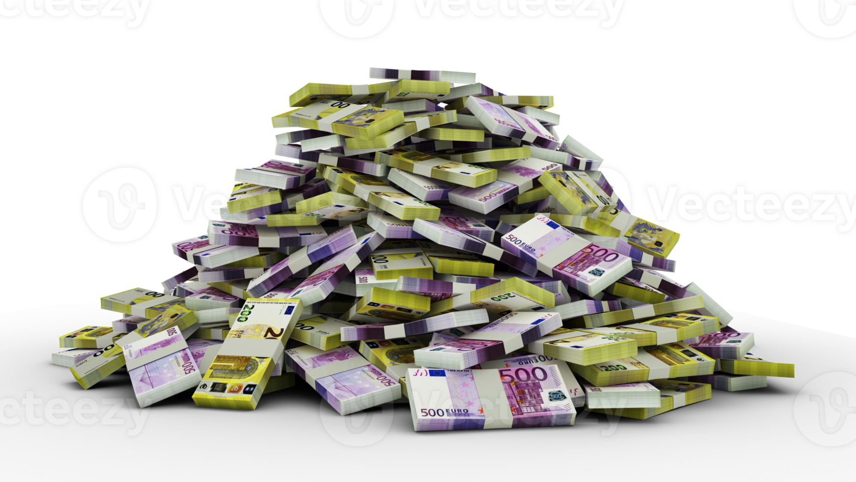 Big pile of stacks of Euro notes a lot of money isolated over transparent background. 3d rendering of bundles of cash png
