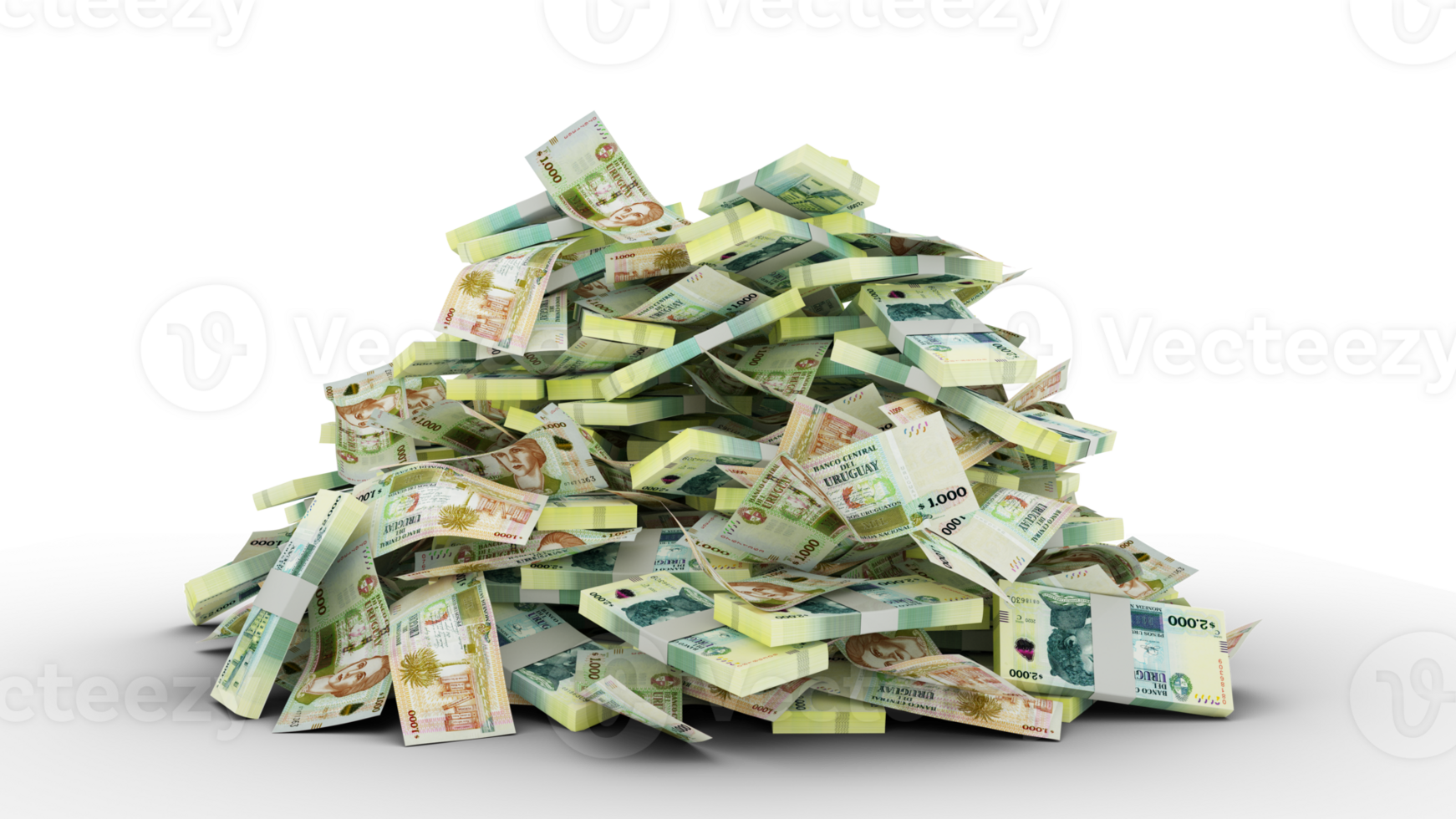 Big pile of Uruguayan peso notes. A lot of money isolated on transparent background. 3d rendering of bundles of cash png