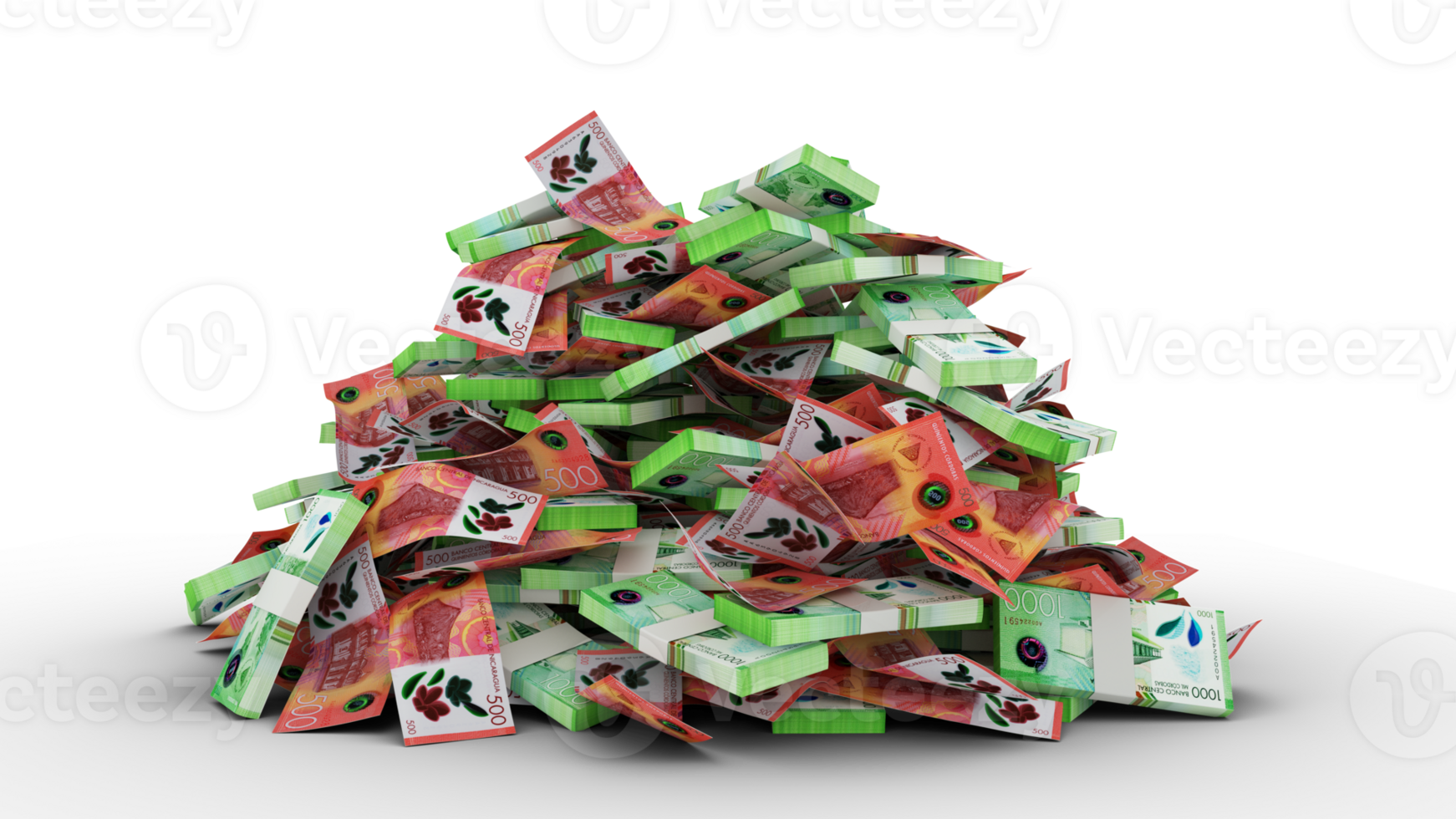 Big pile of Nicaraguan Cordoba notes. A lot of money isolated on transparent background. 3d rendering of bundles of cash png