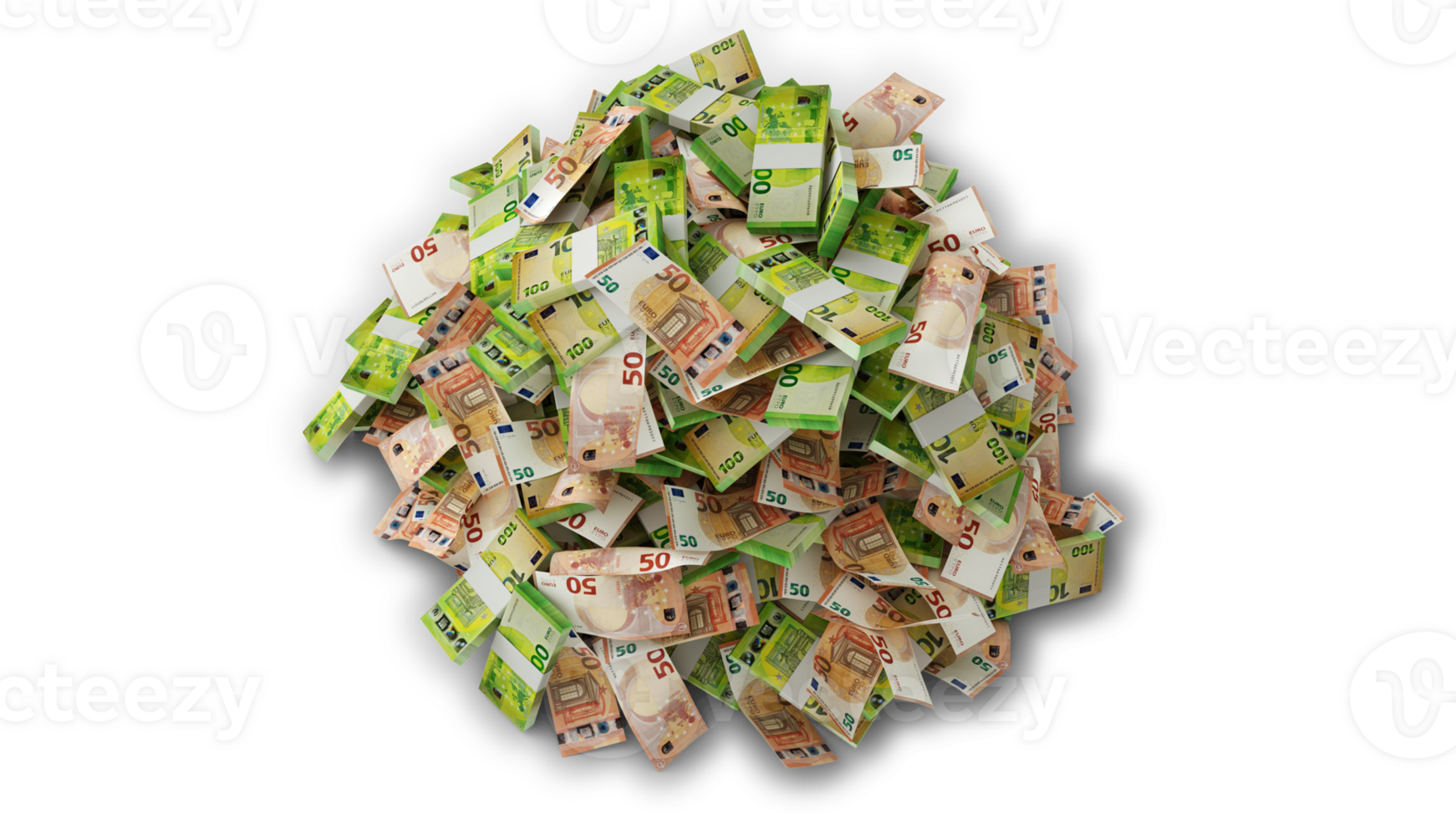 Big pile of Euro notes. A lot of money isolated on transparent background. 3d rendering of bundles of cash png
