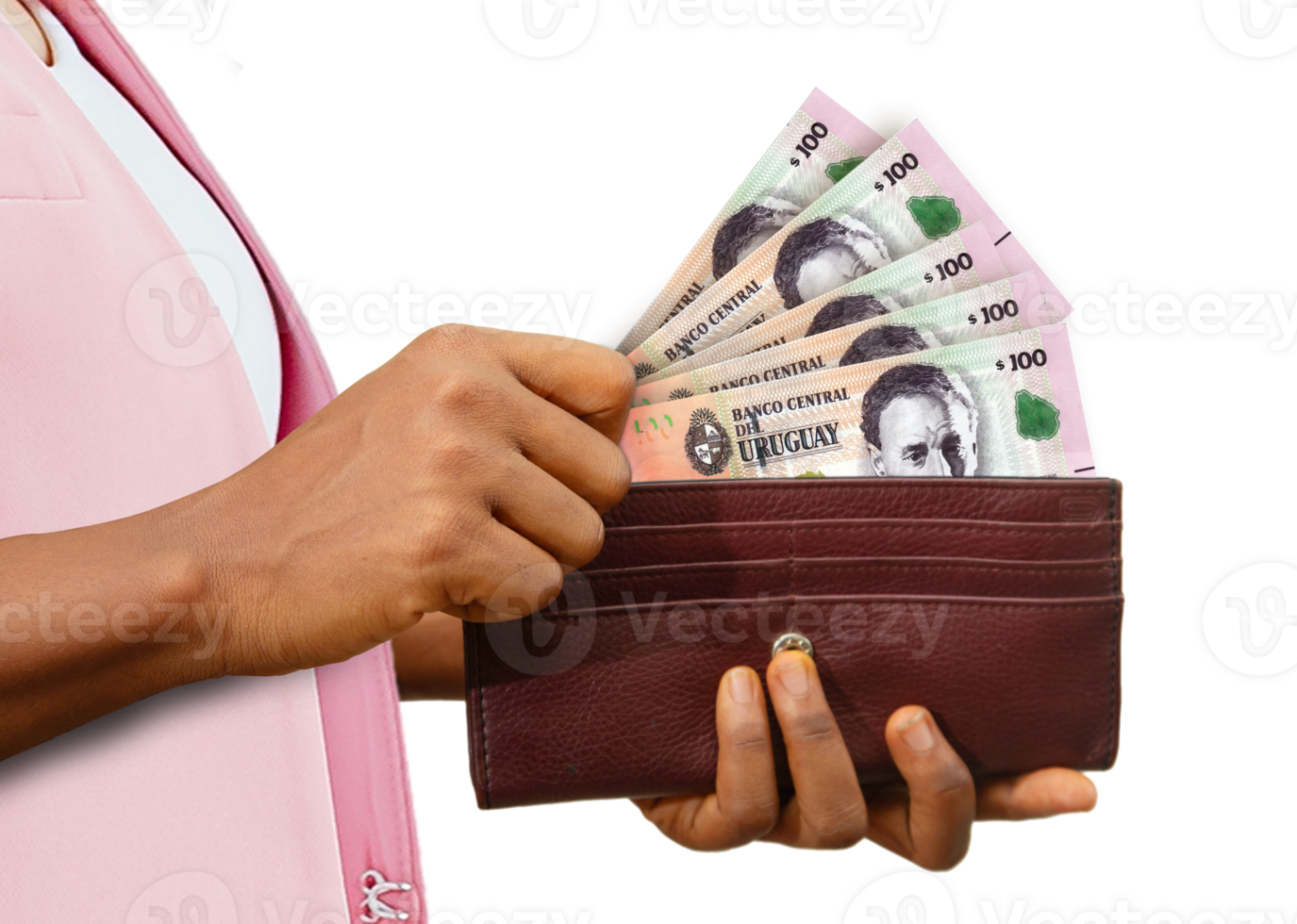 fair Female Hand Holding brown Purse With Peso Uruguayo notes, hand removing money out of purse isolated on transparent background png