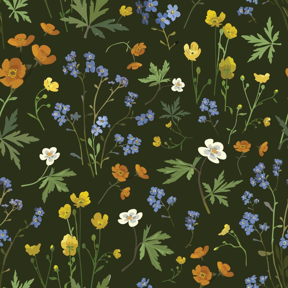 A seamless pattern featuring delicate wildflowers such as blue forgetmenots flowers, buttercups, and anemones in shades of yellow, orange, white, and blue against a deep green background, evoking a vector