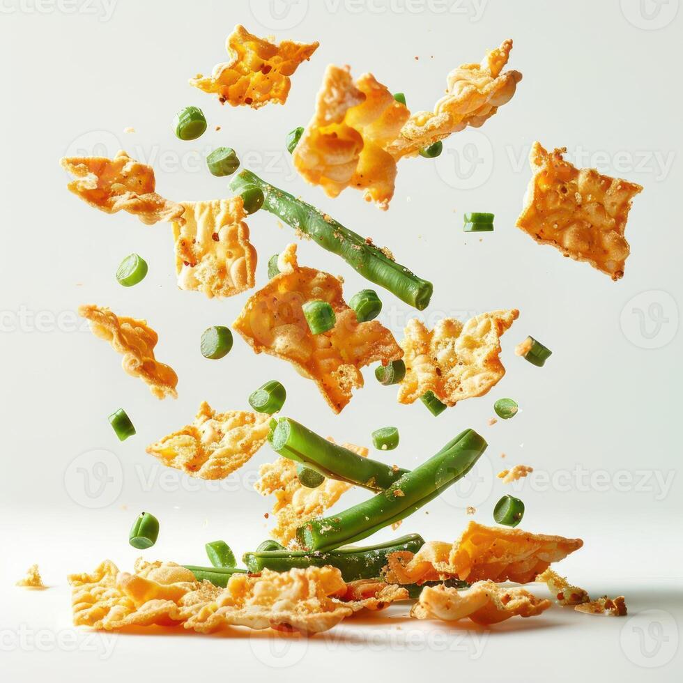 Crunchy chips and green peas flying in the air. The image captures a playful, high-energy moment. photo