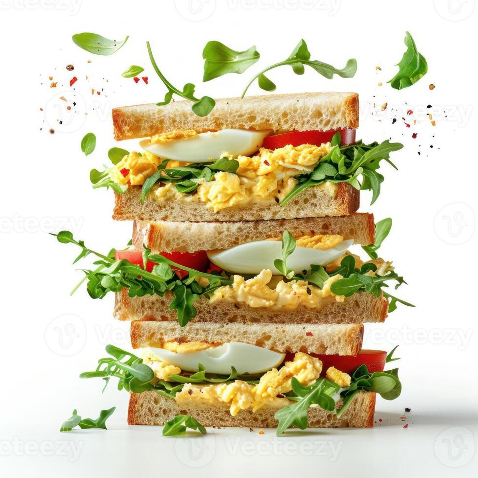 Trio of stacked sandwiches, each with egg salad and leafy greens, against a white background. photo
