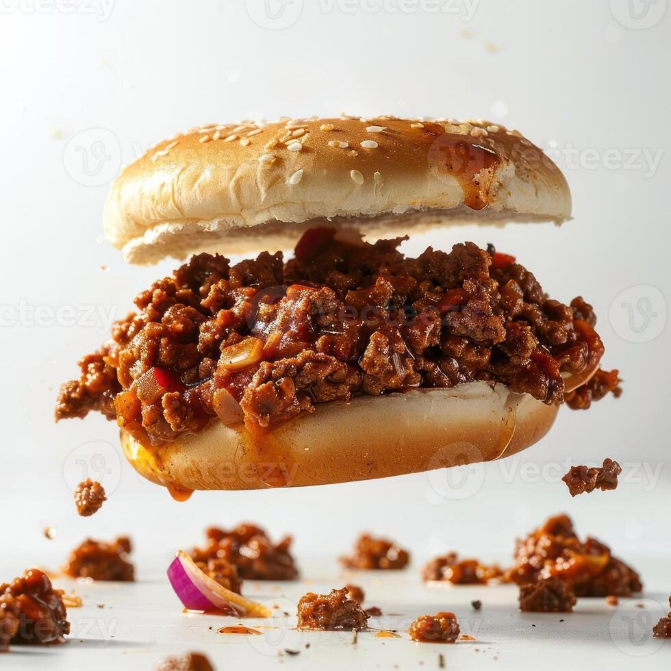 A close-up of a sausage sandwich with meat and tomato sauce, set against a white background. photo