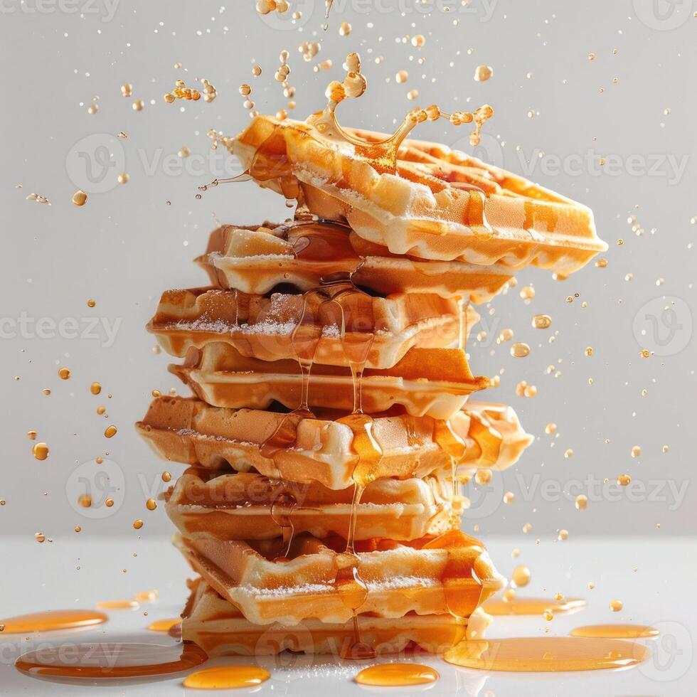 Stack of golden waffles falling apart and melting into a pool of syrup, photo
