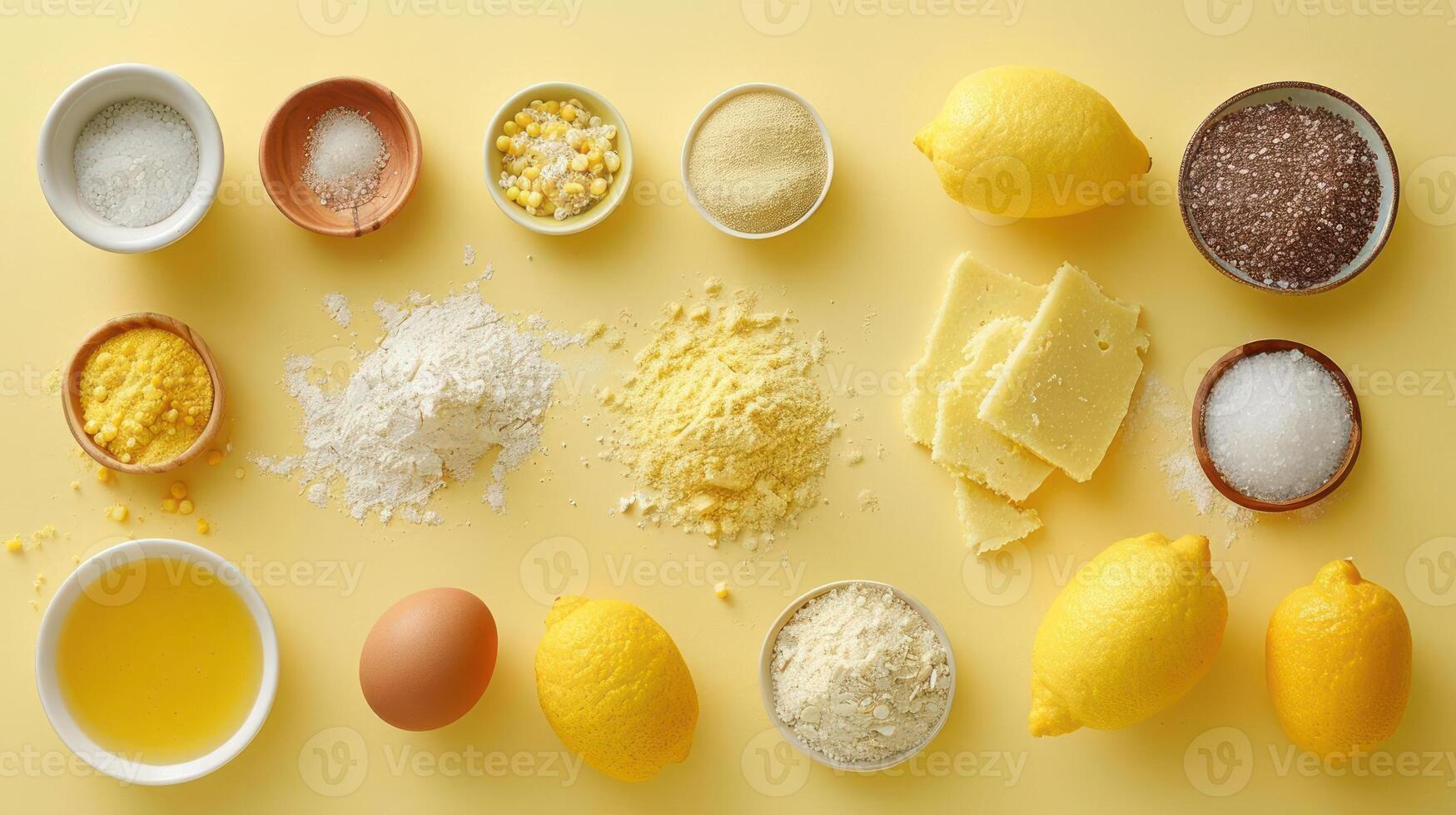 Colorful array of baking ingredients and tools arranged on a yellow background photo
