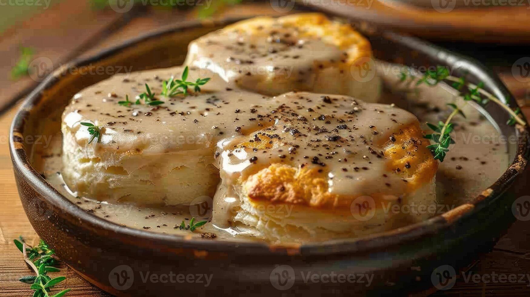 A scrumptious vegetarian casserole served on a wooden table, garnished with fresh herbs and spices. photo