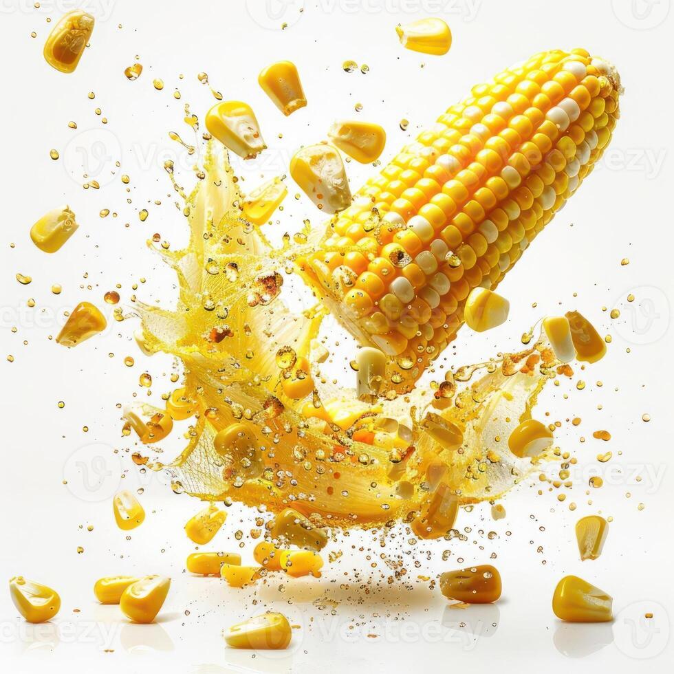A corn kernel is popping and exploding in a shower of yellow kernels and liquid. photo