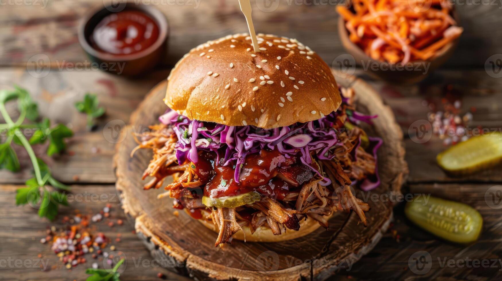 A delicious barbecue sandwich on a wooden board with colorful side dishes. photo
