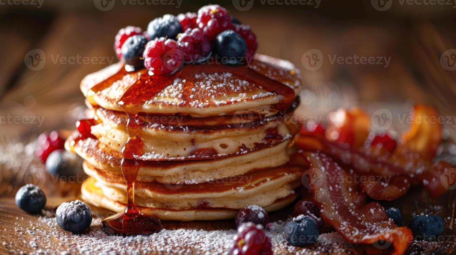 Pile of pancake stacks garnished with fresh fruit and maple syrup, photo