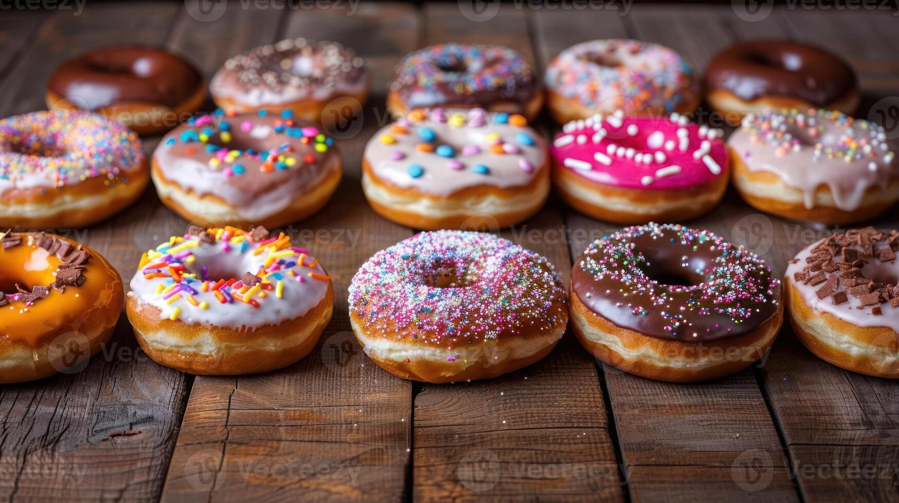 A collection of various flavored donuts displayed on a table. photo