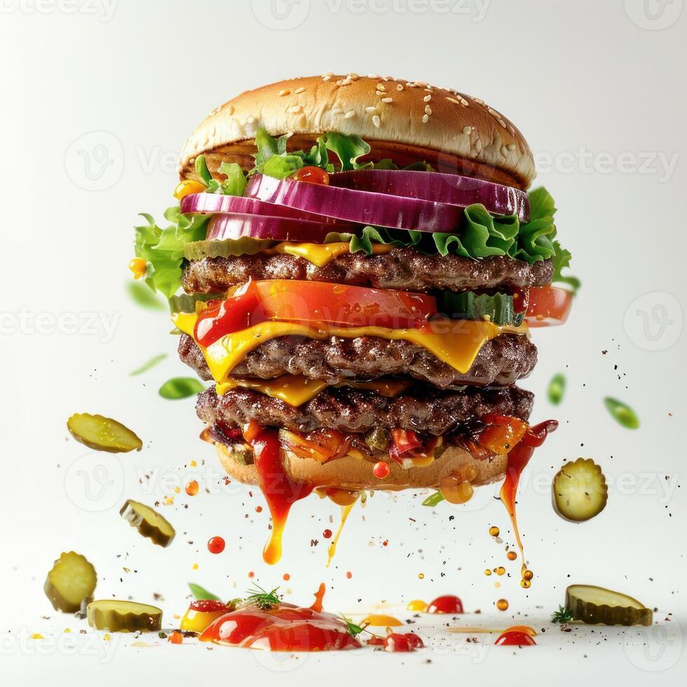 a high-resolution image of an impressive hamburger being launched into the air with great force. photo