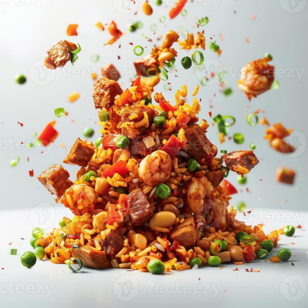 Colorful rice with various ingredients being tossed in the air photo