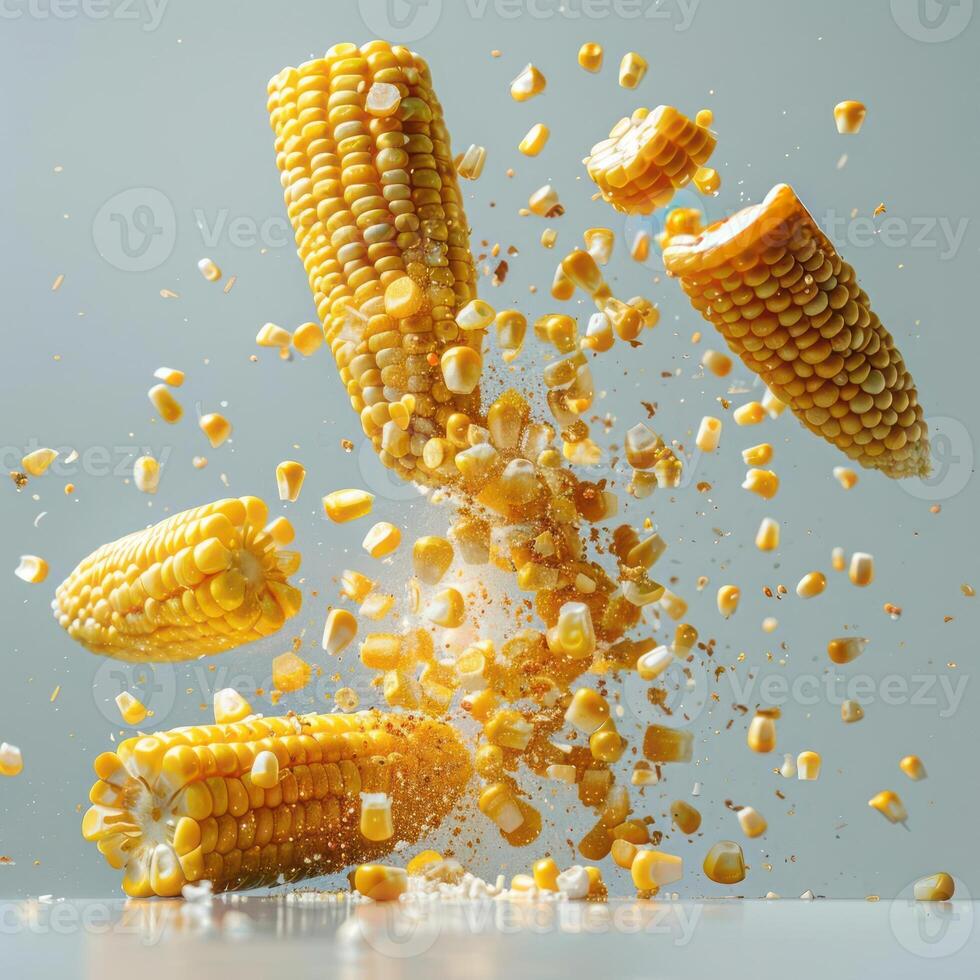 depicts several kernels of corn exploding, photo
